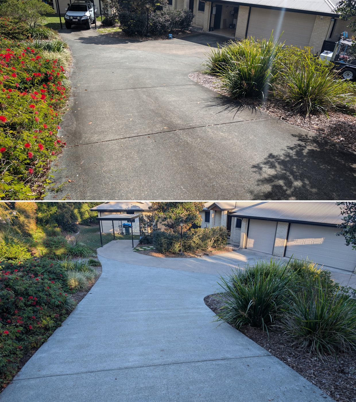Before and after: stained concrete driveway pressure washed clean, winding past established garden beds and lawn to the garage